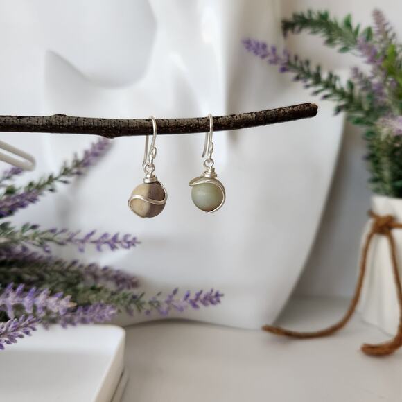 Silver Plated Wire Wrapped Amazonite Earrings, Boho Dangle Earrings - Picture 2 of 10